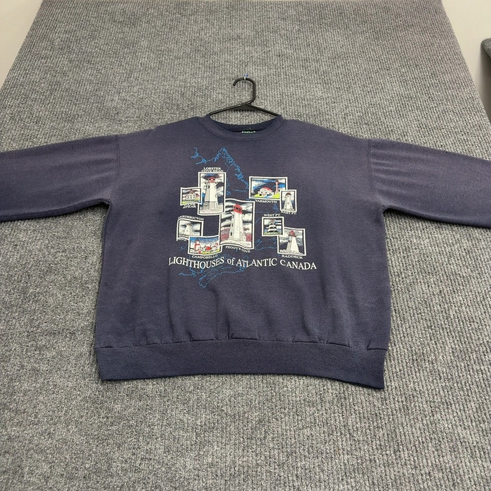 Vintage Earth T Sweatshirt Mens L Navy Cotton Blend Lighthouses Canada Retro